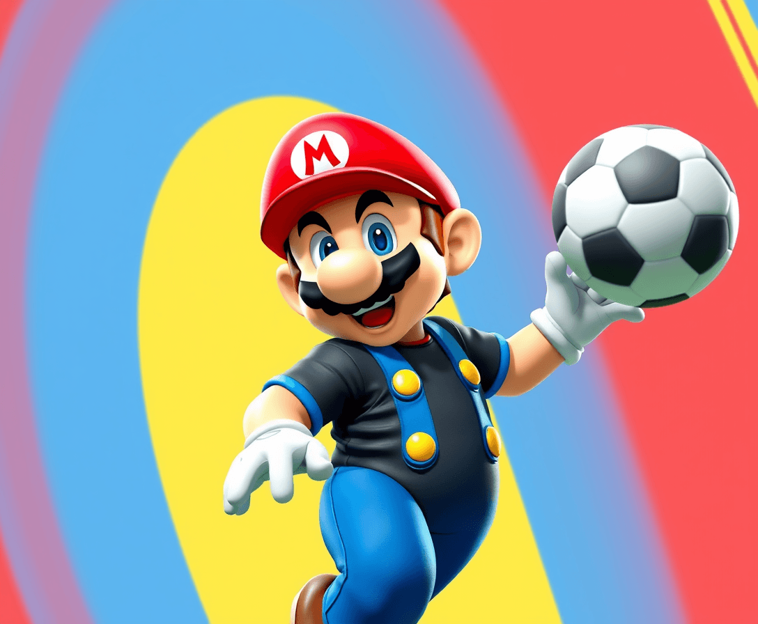 super mario, full body, con la maglia a strisce verticali di colore nere e azzurre, tira un calcio ad un palla