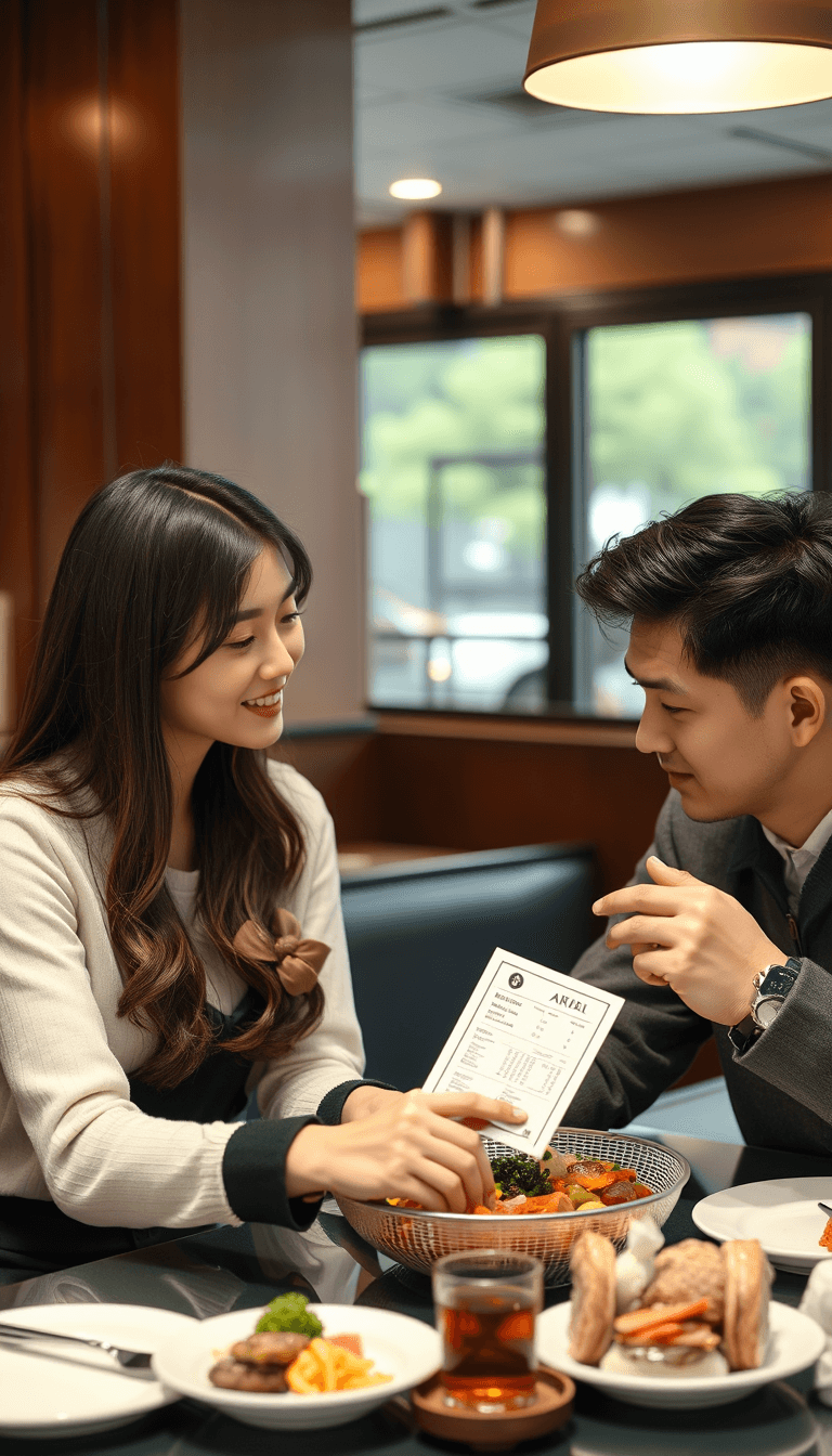 make a  realistic photo of a beautiful 30 years korean woman sitting with a 30 years  korean man in a restaurant. she is asking the korean waitress something while opening the meal card.