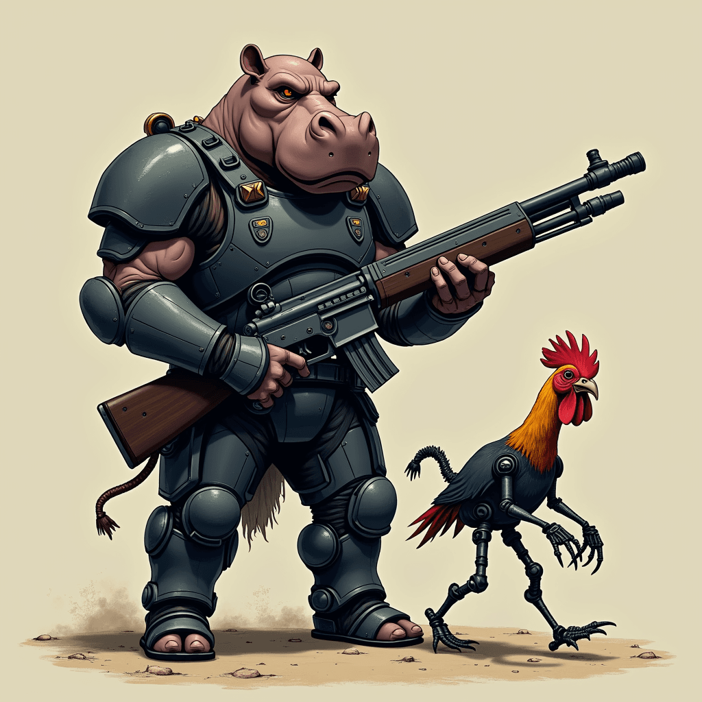 Hippo-Man wearing black techno armor and holding a rife. Robot battle chicken walking alongside him.