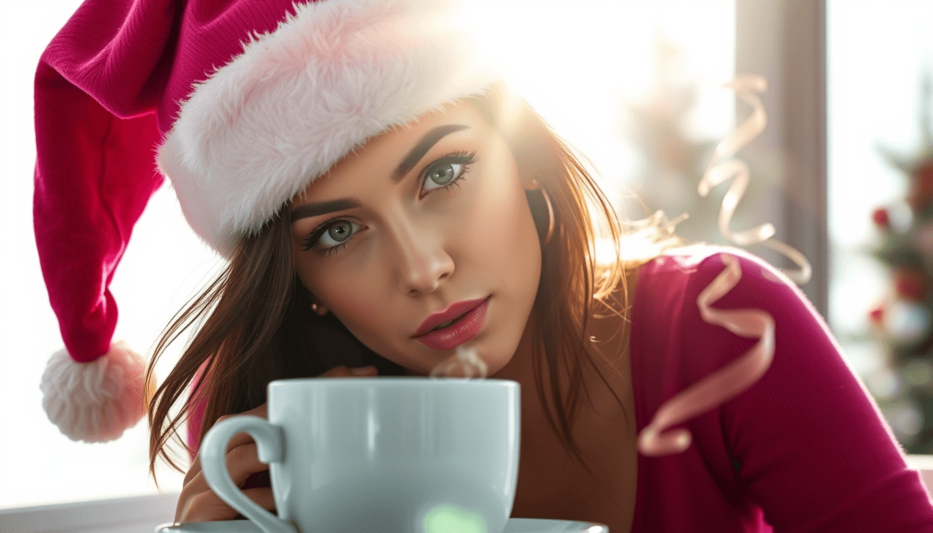 A photo realistic sexy busty sensual brunette young woman with a face like Lara Croft, with green eyes wearing a dark pink santa hat with glitter and a dark pink top. her face express that she is enjoing her coffee. On a table in front of her to her right side is a white smoking coffee cup. White background with some christmas trees in a distant background. Sun is shining in