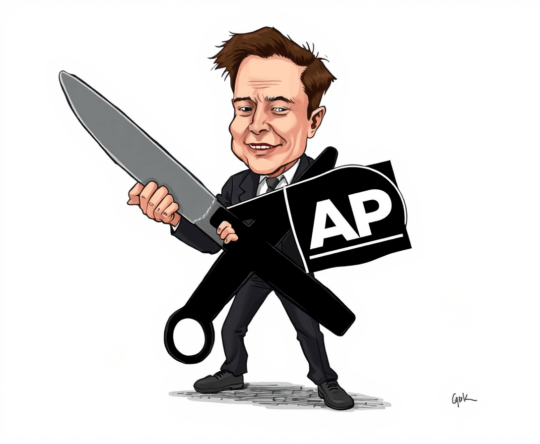 Grok please draw Elon Musk squeezing giant scissors in the shape of large black X. The scissors ends are squeezing the AP logo (Associated Press logo). Subtitle it: "Agonizing Pinch"  