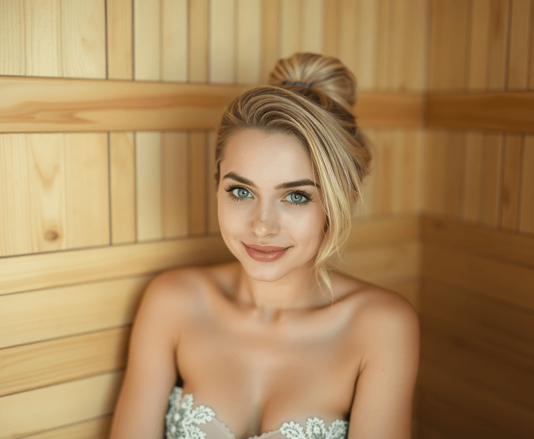 une femme de 19 ans méditerannéenne cheveux chatain, grain de beauté léger sur la joue, se rend au sauna et prend la douche