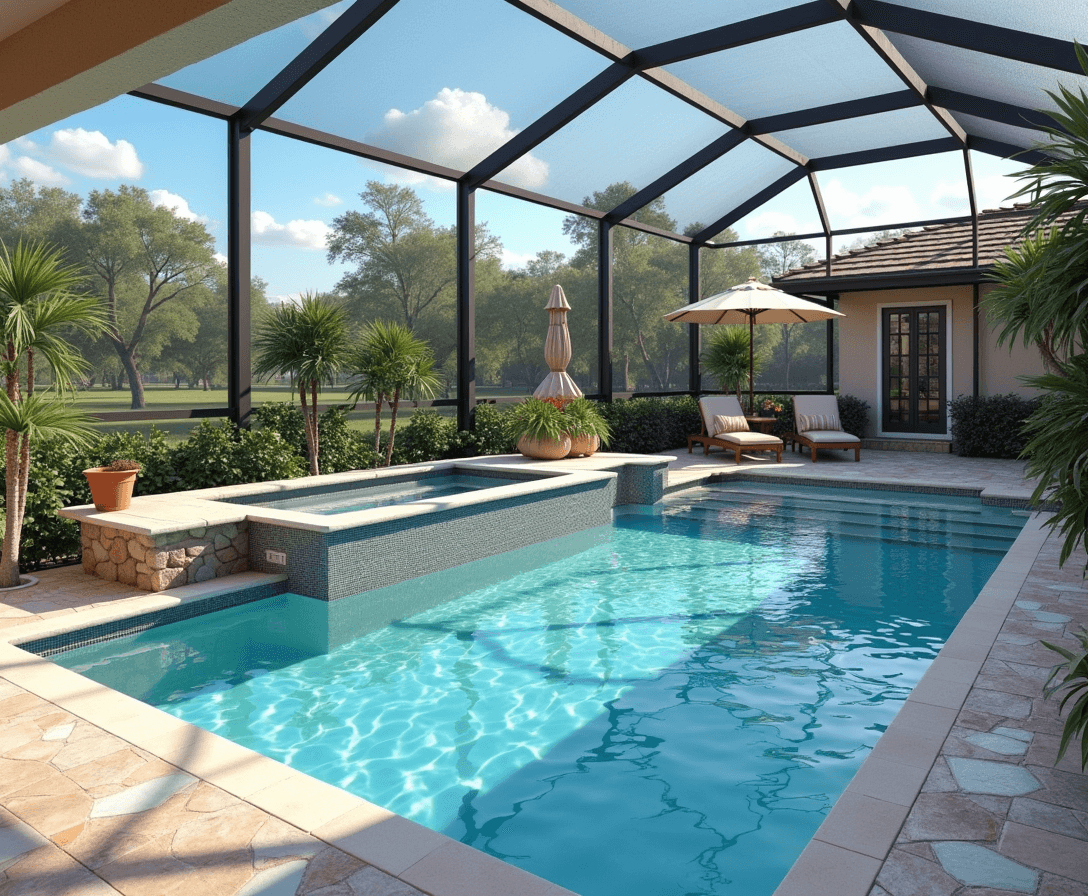 Draw a photorealistic rectangular swimming pool in a lanai with a tanning platform and a rectangular spa on the back side. 