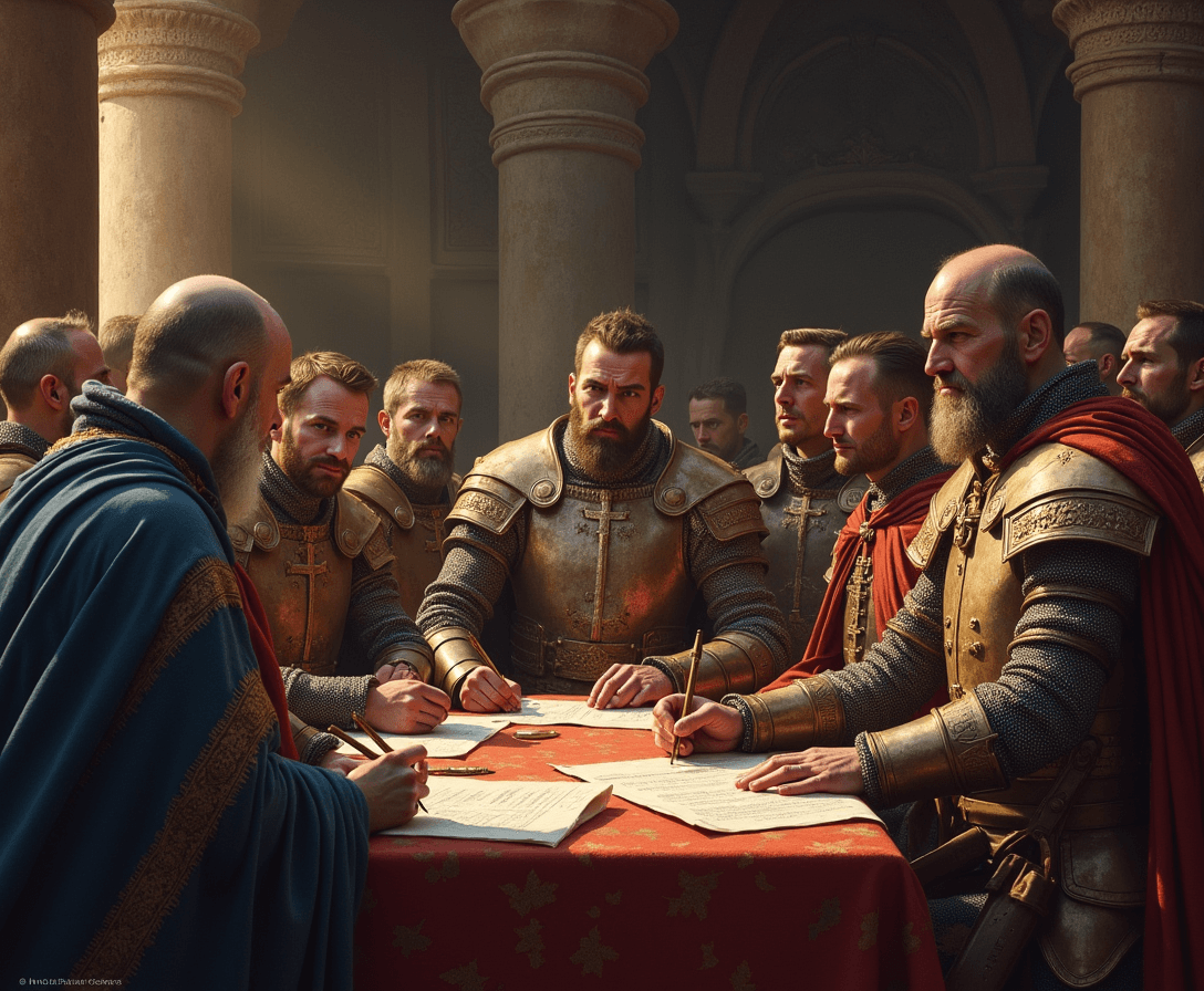 Draw a hyper-realistic picture of a medieval King's court meeting with various noblemen, knights, and vassals representing their particular territory still under one king