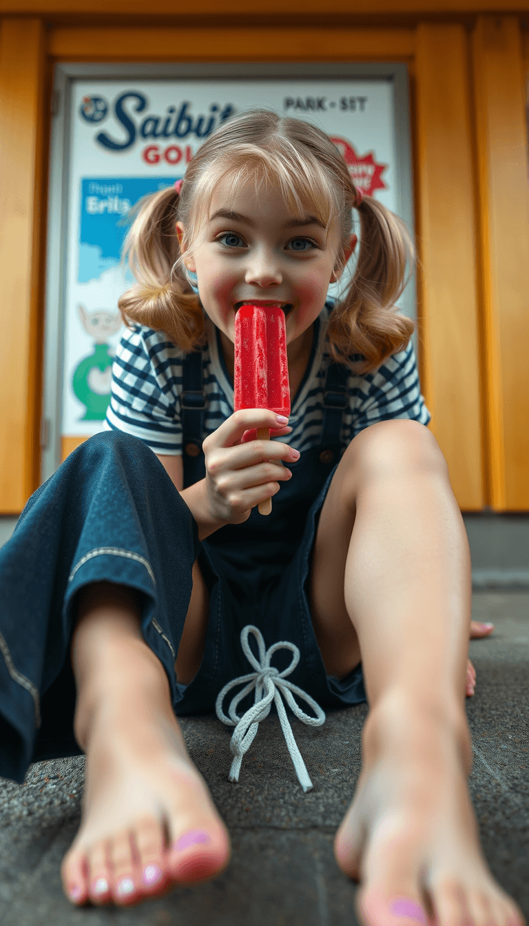 a white girl is making her "Ahegao face" impressions looking at the camera. her hair is in pigtails licking her red popsicle ice cream. she is sitting down on the ground bare footed. under bare feet pov photo shot. zoom out shot. showing under her feet. feet is tied