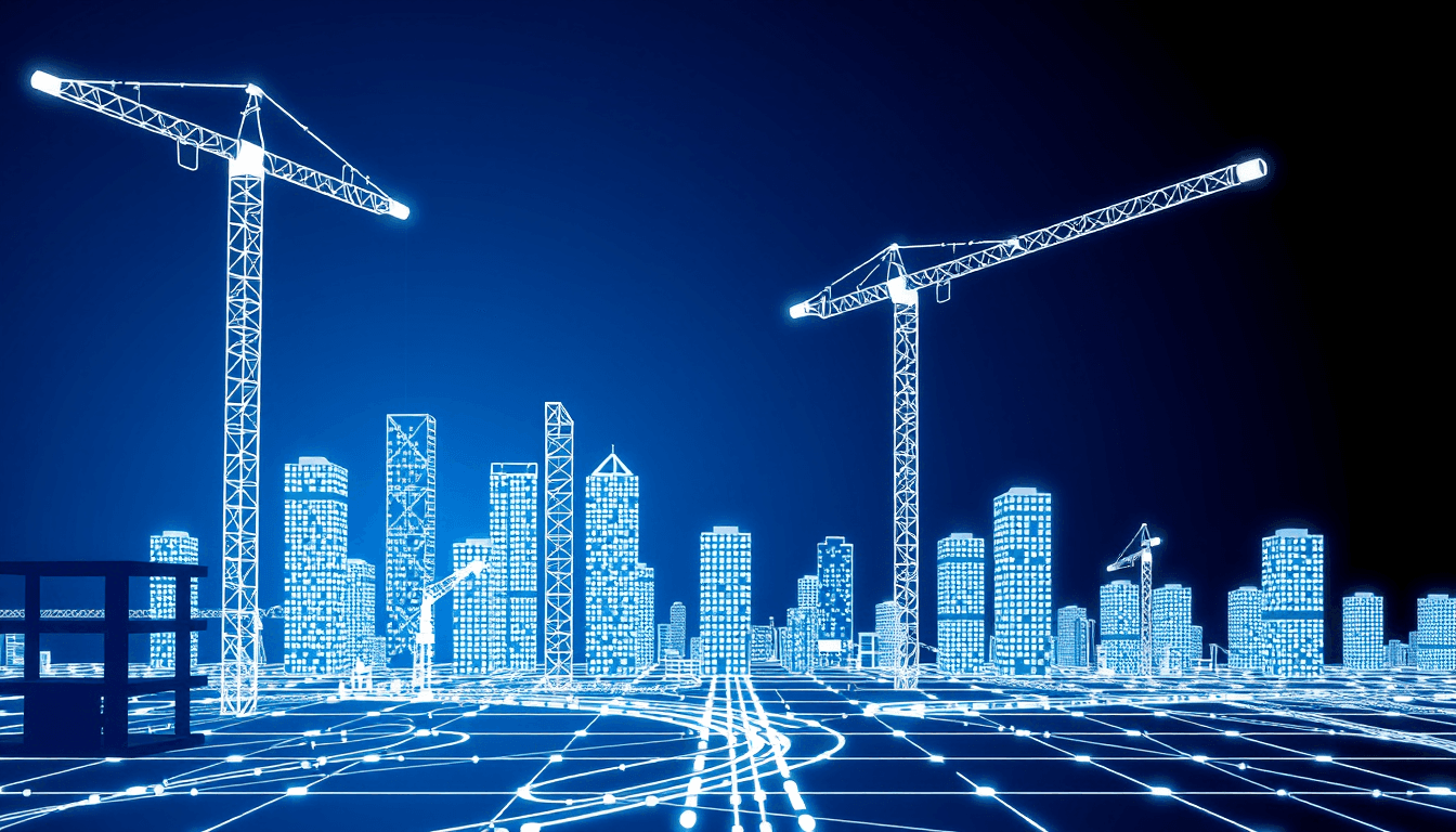 Construction site of a futuristic city made of white dots, lines, and a blue background.