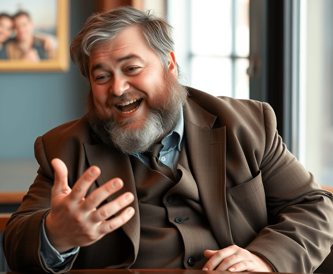 A heavyset man in an out-of-style, rumpled brown three-piece suit.  His beard and hair are graying and unkempt.  There is a sparkle in his eye and a smile on his face as he sits at a table, talking and gesturing with his hands.