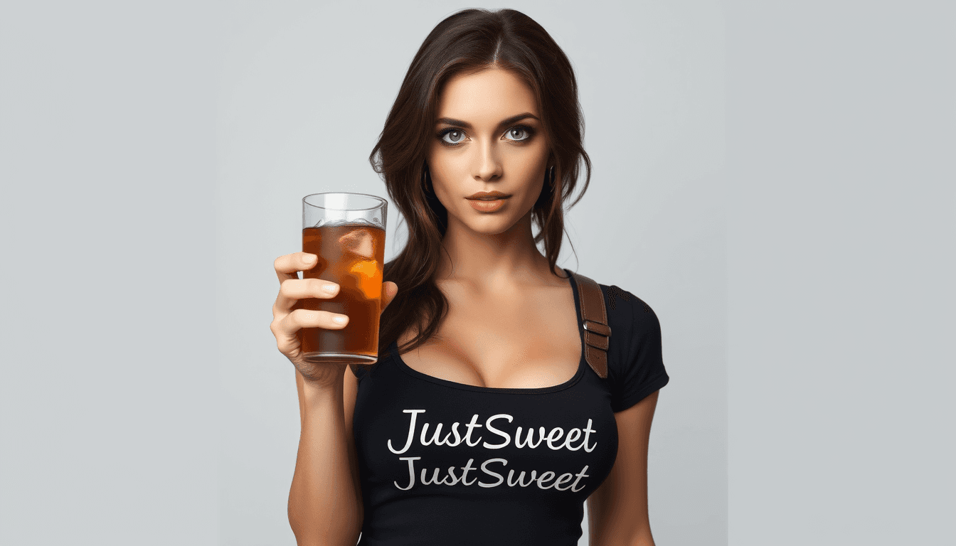 A Lara Croft like busty brunette woman, with green eyes wearing a black top. she is holding a glass of ice tea with ice cubes. The shirt have the text JustSweet.  light grey background without details.