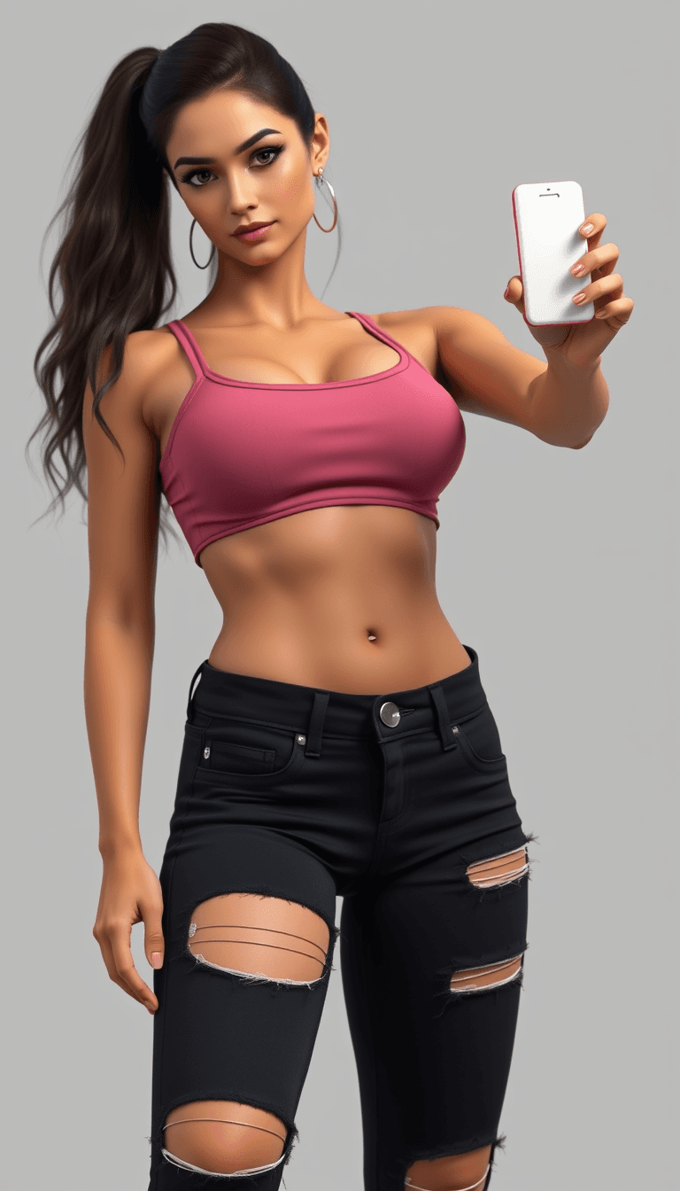 create a photorealistic 3d image of a young busty beautiful tanned eurasian woman who looks like Lara Croft, she is wearing a dark pink top, have visible abdominal muscles, black jeans with some fashionable holes and color matching Nike tennis shoes. She is stretching out one hand where she is holding a small white rectangular tablet dispenser. Light gray background