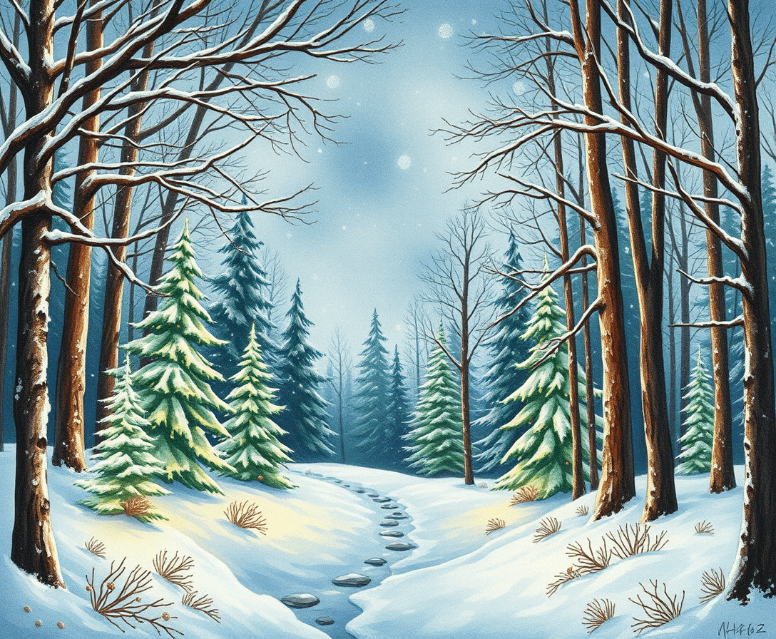 please create a magical Christmas forest design, ar 16:9, watercolor, linocut, christmas colors, no falling snow


