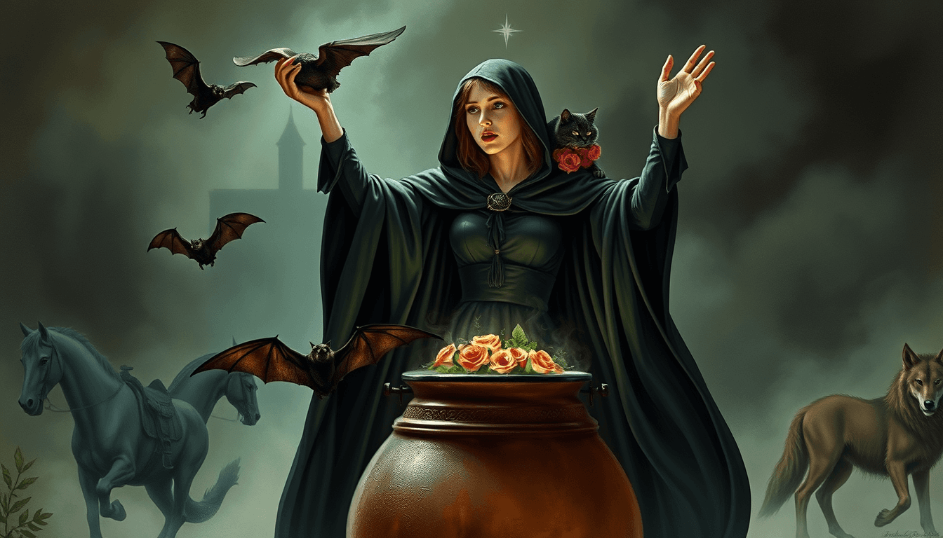 A female medieval healer with a black cloak on, standing over a cauldron with arms in the air chanting a spell. She has a cat on one shoulder and is holding roses in one hand a small bat is flying in the foreground. In the background is a horse a dragon and a wolf. In mystical style