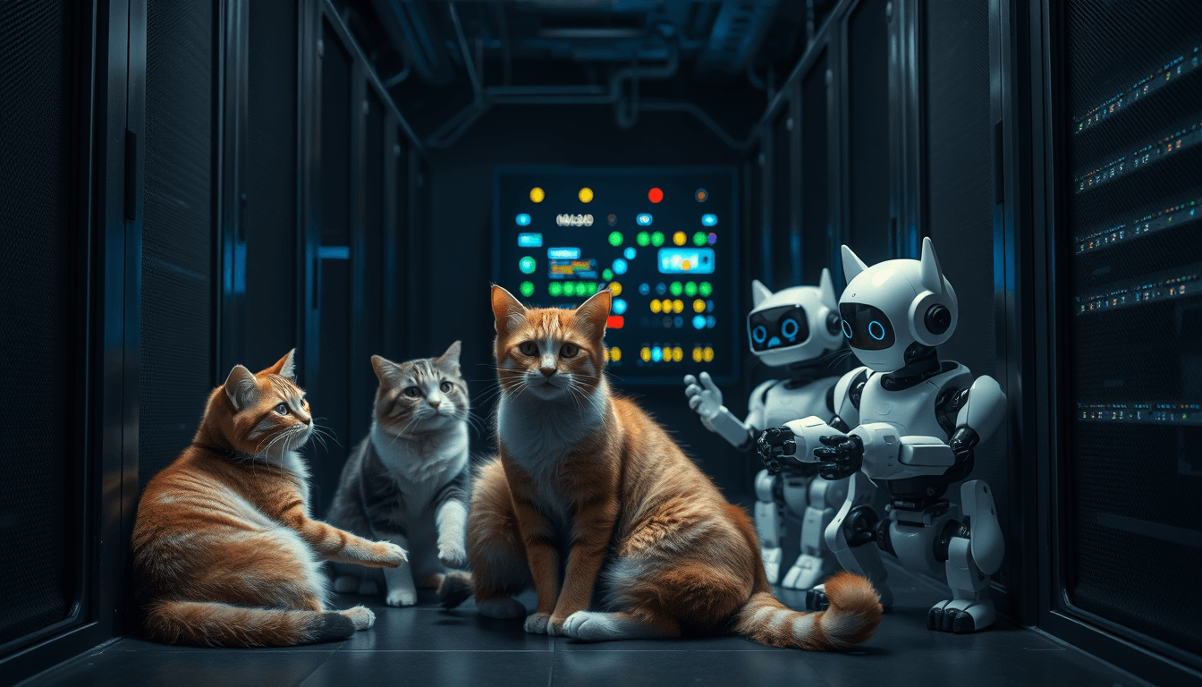 Cats and robots playing in a server room. Dark room, cool lighting, Natural, high resolution, 4k