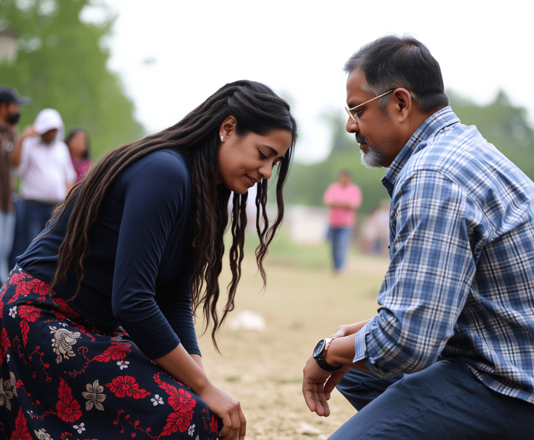 Woman of color on her knees in front of man