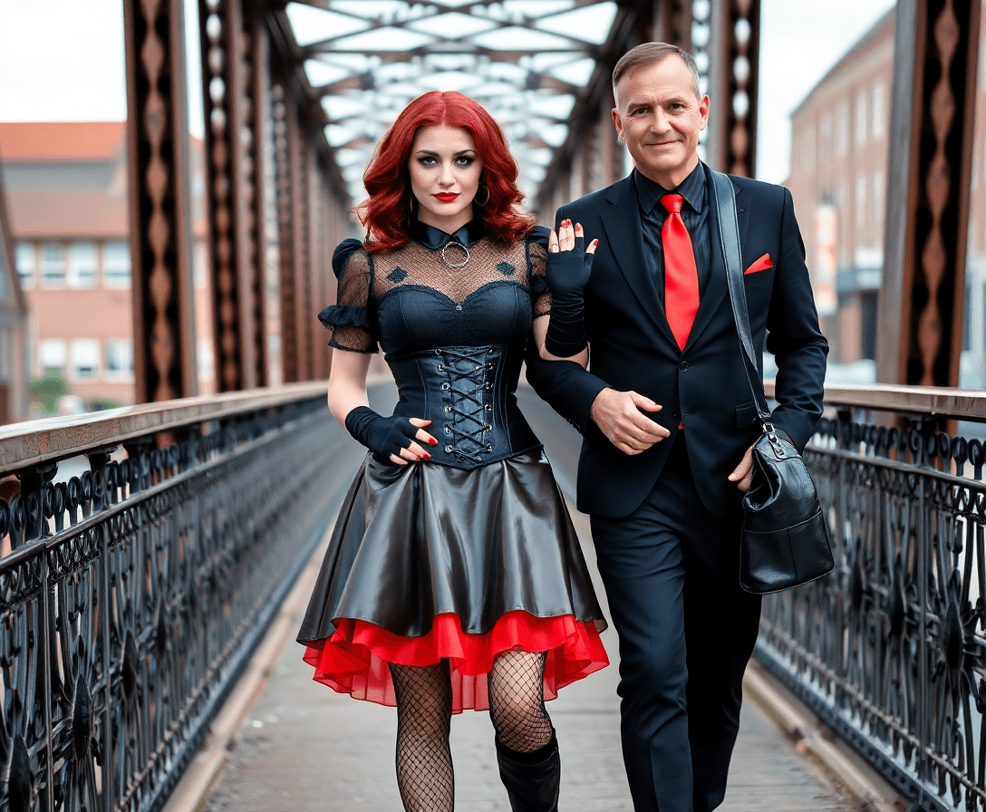 A stylish daytime photo of a couple on a historic iron bridge in the Speicherstadt district of Hamburg. The sissy (female looking but clearly transgender) (around 40 years old, red wavy hair, heavy makeup with smokey eyes and red lipstick) wears a black latex top with mesh elements and puffed sleeves, a black latex corset with front closure and traditional lacing in the back, a black shiny flared latex skirt with a red latex petticoat underneath, fine black fishnet stockings, 12 cm black shiny ankle-high block-heeled boots, a black plain collar with a O-ring, long elbow-length black latex fingerless gloves without fingers showing the fingers and red painted nails, and a large black faux leather shoulder bag. The man (around 50 years old, fit build, clean-shaven, short dark hair) wears a black suit with a red tie and shirt coordinated to match the woman’s outfit. He stands next to her on her right, his arm around her waist. Both are fully visible head to toe, looking at the camera with a natural smile. Background: scenic historic Speicherstadt architecture in daylight. The photo shows the whole body of both, from head to shoes.