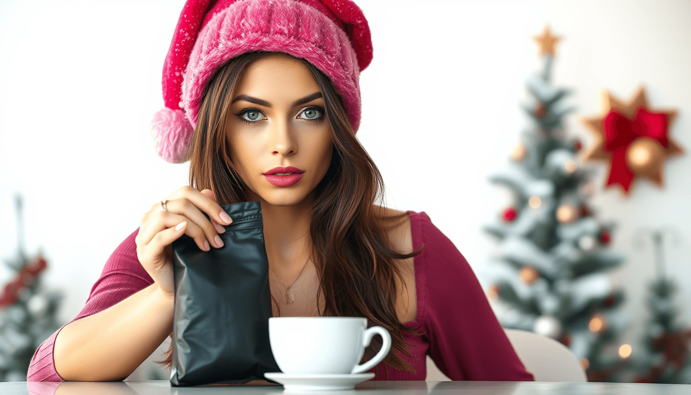 A photo realistic sexy busty sensual brunette young woman with a face like Lara Croft, with green eyes wearing a dark pink santa hat with glitter and a dark pink top. she is holding out a small black coffeebag. No text on the bag. On a table in front of her is a white coffee cup. White background with some christmas trees in a distant background. Sun is shining in