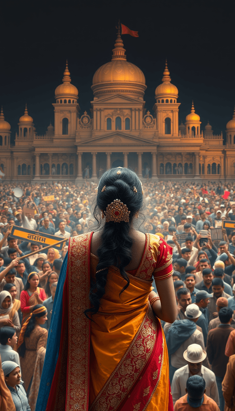 A princess from India standing Infront of a huge crowed asking for chocolate. there is a great palace behind the crowed.