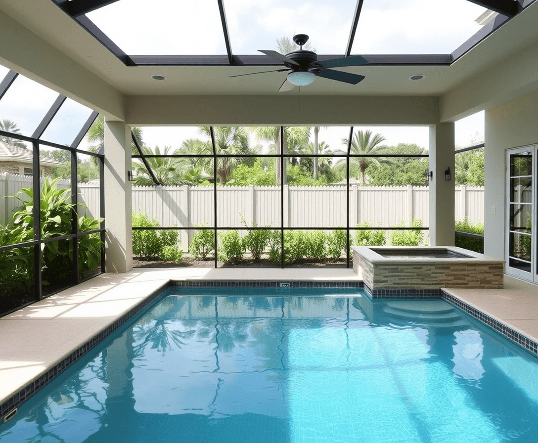 A rectangular swimming pool in a lanai with a tanning platform and a rectangular spa on the back side. Overall measurements are 36 feet by 16 feet 