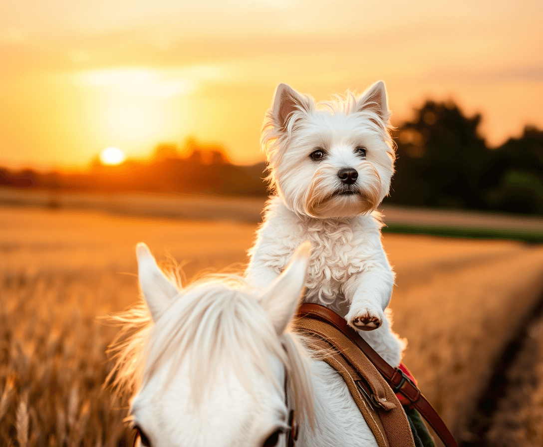 a scruffy bichon frise dog riding on a white horse in a wheat field with the sun setting in the background