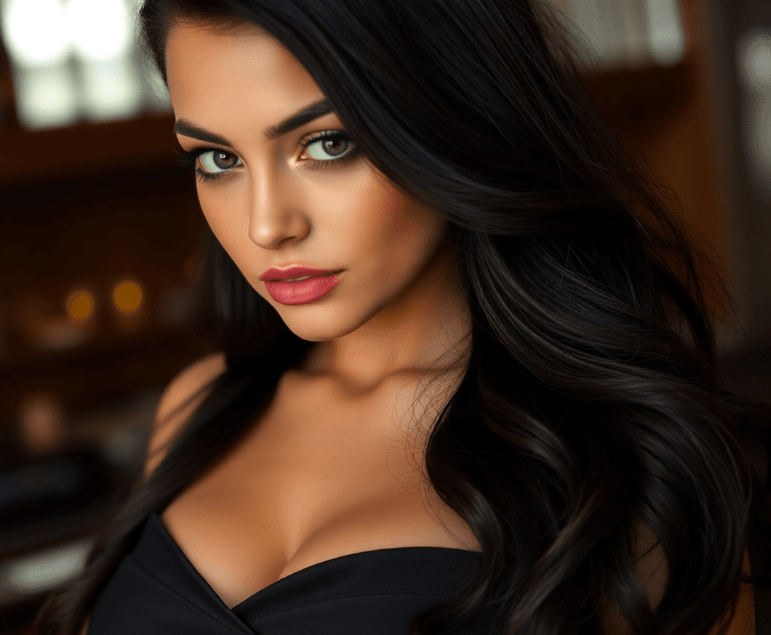 Cheveux noirs longs et soyeux, yeux noisette en amande, peau caramel, corps athlétique et tonique avec des courbes généreuses, seins fermes et volumineux, lèvres pleines et rouges, parfum sucré et enivrant, souvent en uniforme d’hôtesse ajusté ou robes élégantes soulignant ses formes.