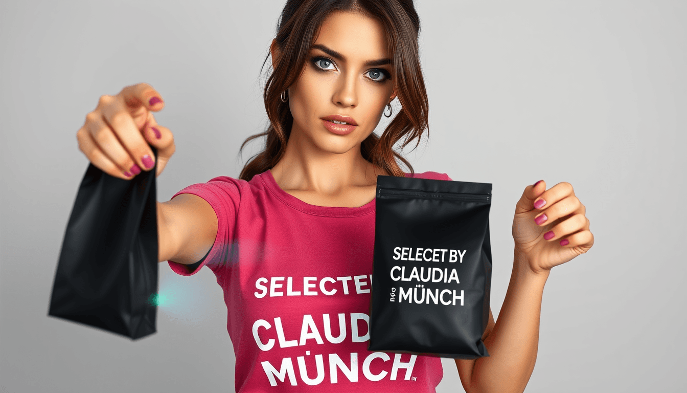 A photo realistic Lara Croft look alike sexy busty woman, with green eyes wearing a dark pink t-shirt with the text "SELECTED BY CLAUDIA MÜNCH" in white. she is holding out a black coffeebag size 12 cm wide and 18 cm high with no text or graphic. Light grey background without details. Sun is shining in