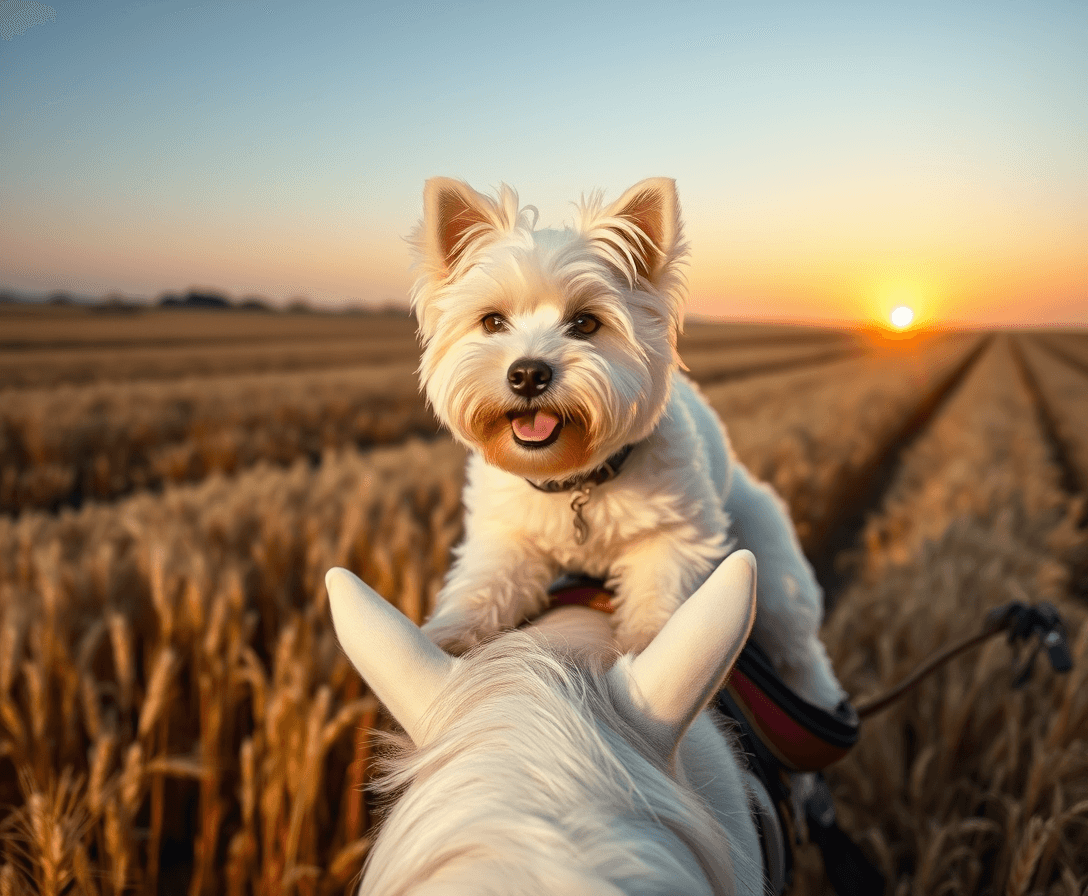 a scruffy bichon frise dog riding on a white horse in a wheat field with the sun setting in the background