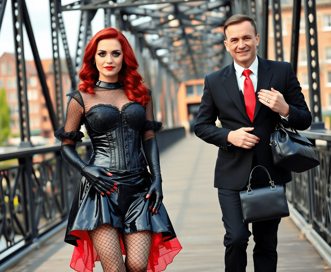 A stylish daytime photo of a couple on a historic iron bridge in the Speicherstadt district of Hamburg. The woman (around 40 years old, red wavy hair, heavy makeup with smokey eyes and red lipstick) wears a black latex top with mesh elements and puffed sleeves, a black latex corset with front closure and traditional lacing in the back, a black shiny flared latex skirt with a red petticoat underneath, fine black fishnet stockings, 12 cm black shiny ankle-high block-heeled boots, a black collar with a ring, long elbow-length black latex gloves without fingers showing red painted nails, and a large black faux leather shoulder bag. The man (around 50 years old, fit build, clean-shaven, short dark hair) wears a black suit with a red tie and shirt coordinated to match the woman’s outfit. He stands next to her on her right, his arm around her waist. Both are fully visible head to toe, looking at the camera with a natural smile. Background: scenic historic Speicherstadt architecture in daylight.