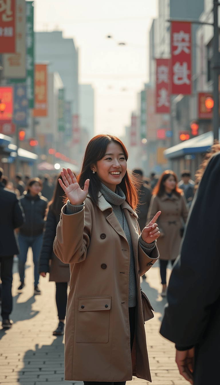 a realistic photo of a korean woman in a busy street holding her hand up to say hello to another korean person.