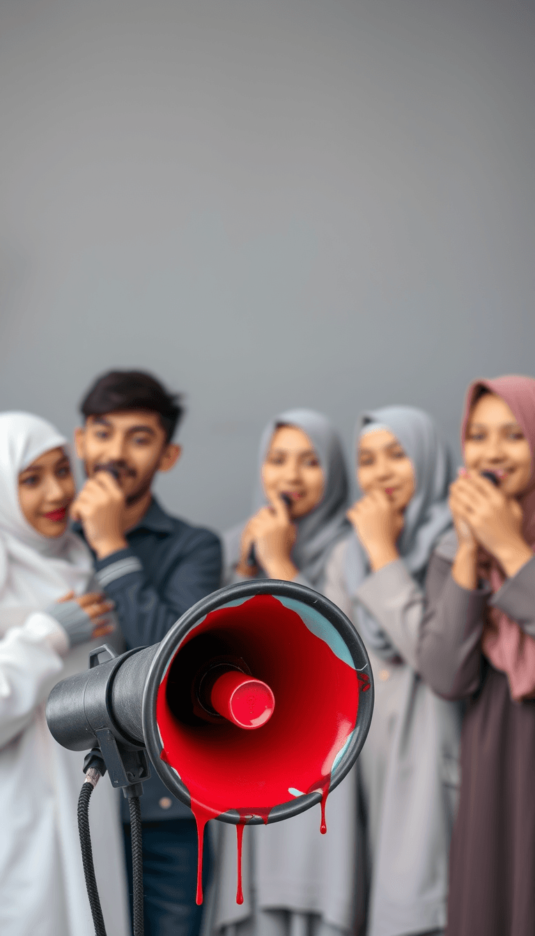 A group of young people, mixed men and women and Muslim, playing a small megaphone. The background is gray and the megaphone is dark gray. The megaphone is in the foreground, there are turquoise, red and navy blue colors on the megaphone and these colors drip into the background, giving the megaphone a painted look. 