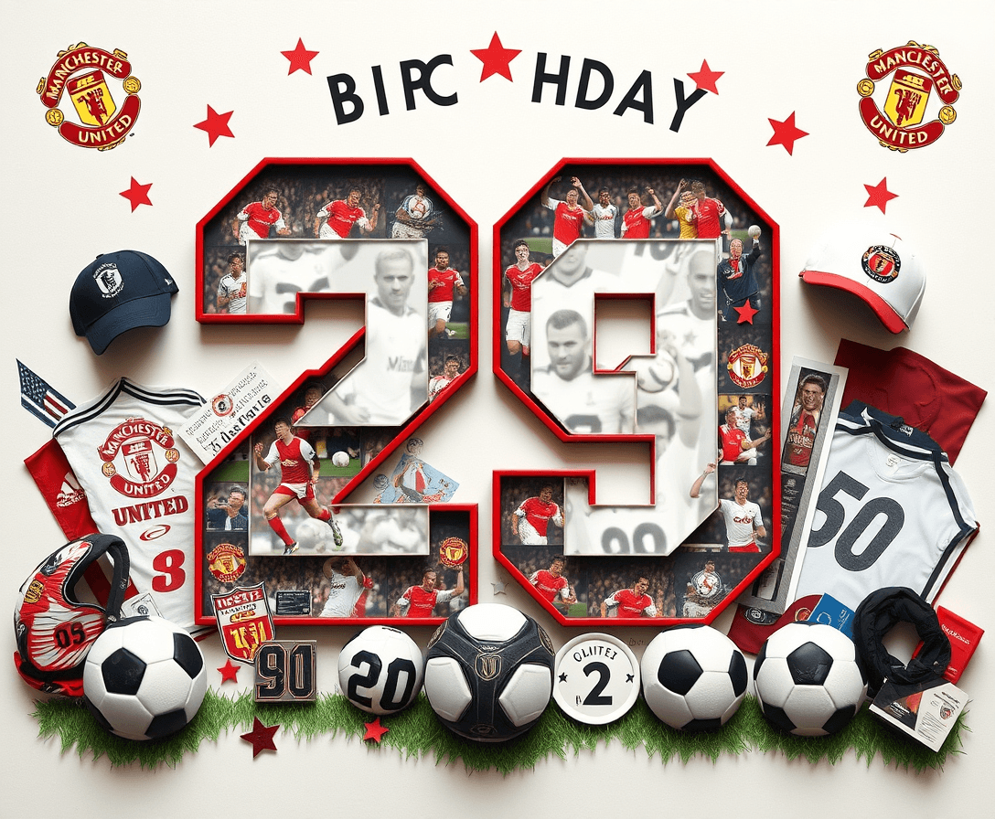 design the number "29" as a birthday collage surrounded by football/soccer memorabilia from manchester united
