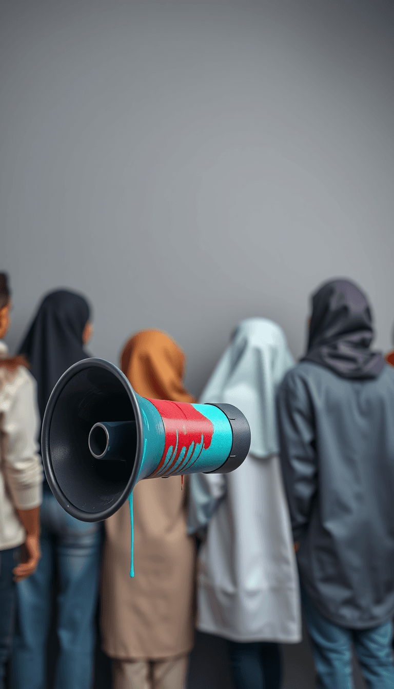 A group of young people, mixed men and women and Muslims, with their backs to the screen, paint a small megaphone. The background is gray and the megaphone is dark gray. The megaphone is in the foreground, there are turquoise, red and navy blue colors on the megaphone, and these colors drip onto the background, giving the megaphone a painted look. 