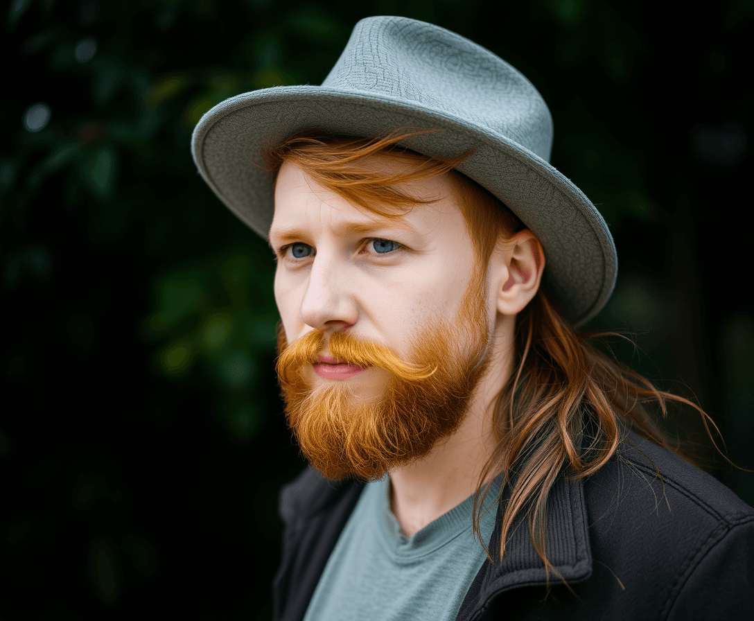 man with red beard and hair wearing a grey akubra hat
