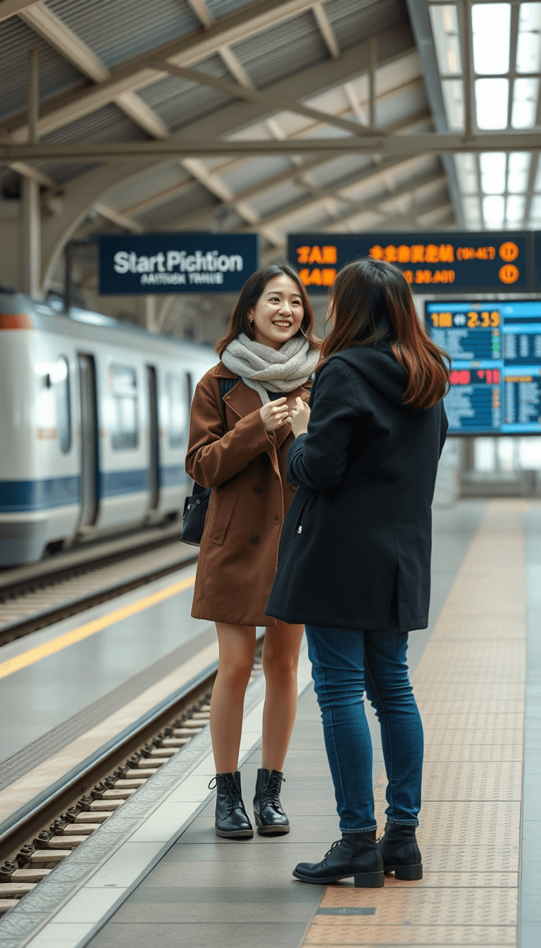 make a  realistic photo of a korean woman asking another korean woman which train she should take. the place is a railstation with display board in the back
