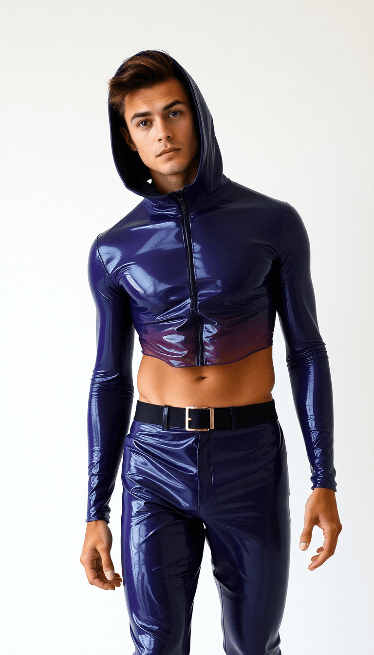 Show me a young man wearing latex clothing
