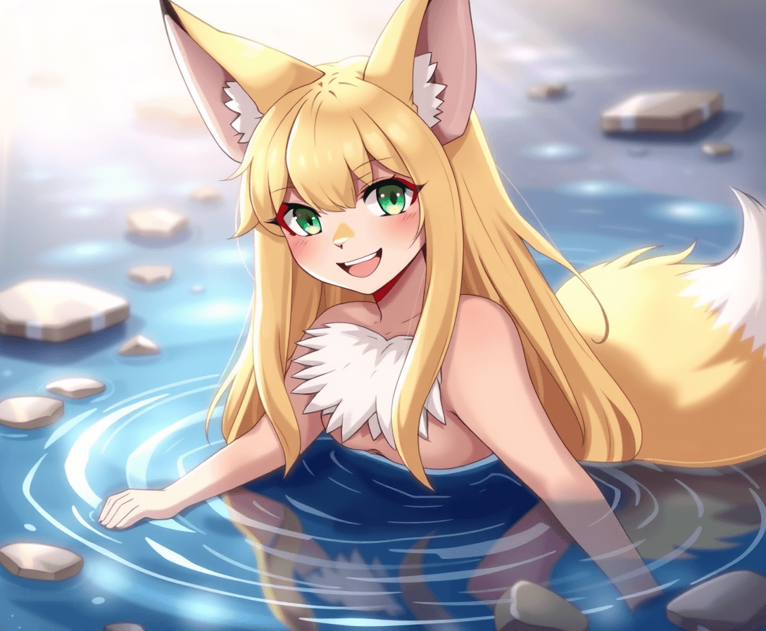 a grinning anthropomorphic female fox, with green eyes, and long blond hair sitting in a pool of water