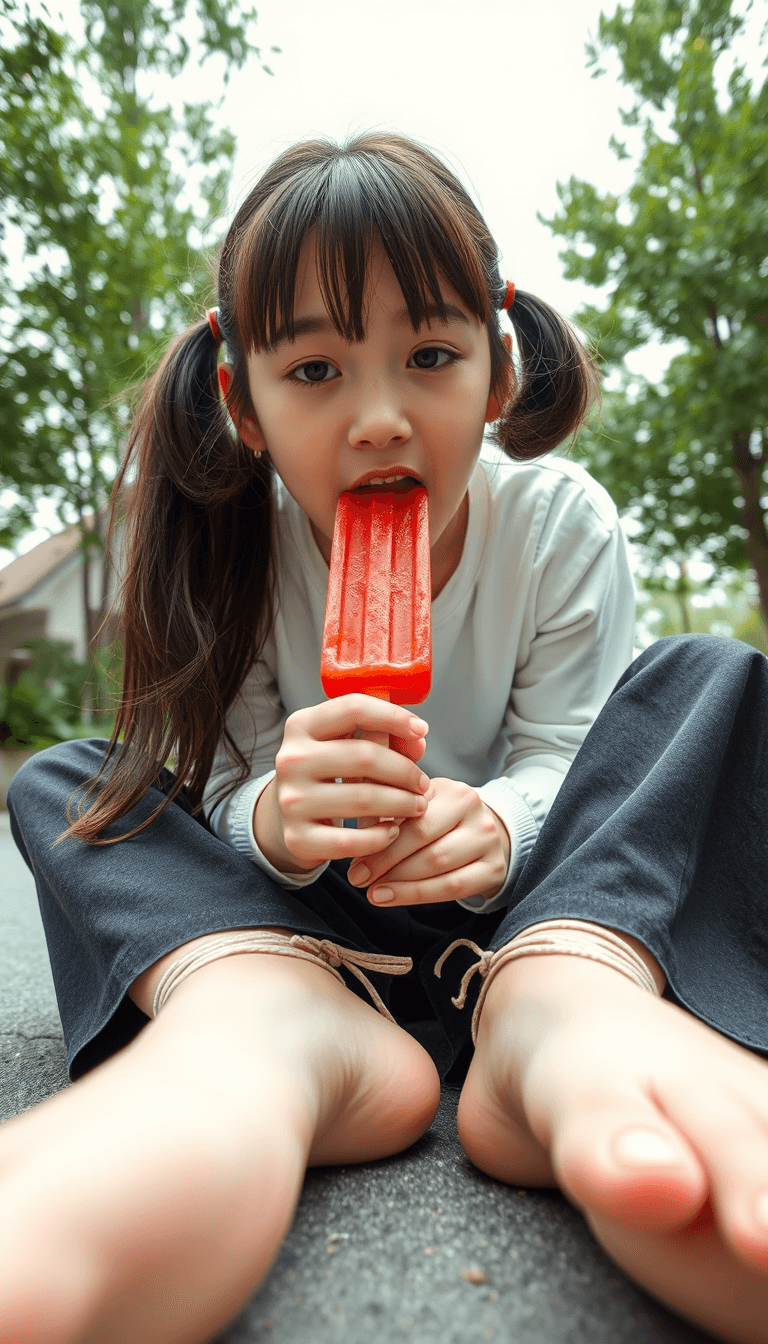 a white girl is making her "Ahegao face" impressions looking at the camera. her hair is in pigtails licking her red popsicle ice cream. she is sitting down on the ground bare footed. under bare feet pov photo shot. zoom out shot. showing under her feet. feet is tied