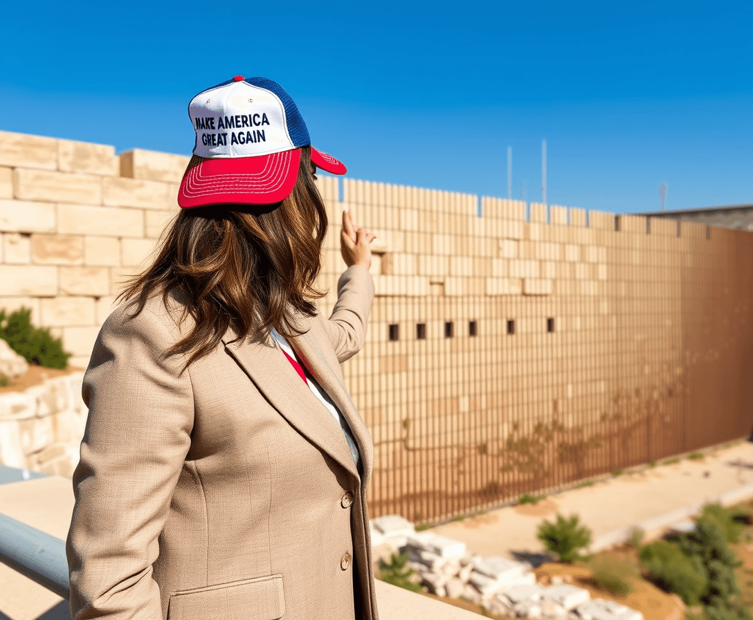 Kamala Harris wearing a Make America Great Again Hat standing near the border wall touching it like she was at the wailing wall in israel