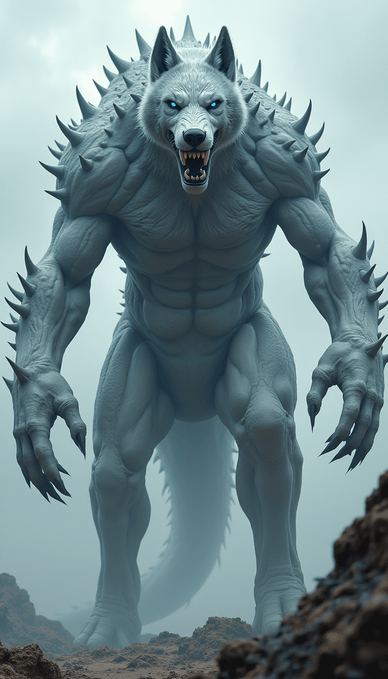 300 foot tall silver meatal wolf monster with meatal spikes ,sharp meatal teeth blue eyes, and meatal claws. titan. Enormous 