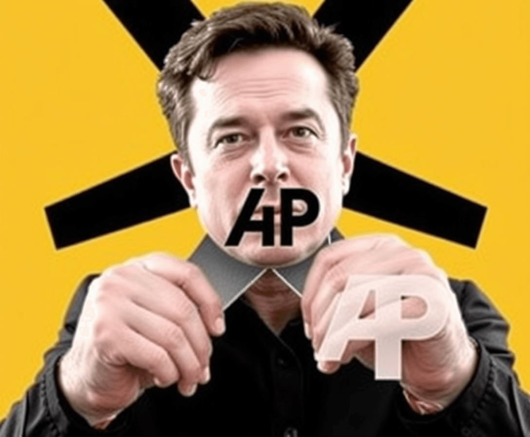  Elon Musk squeezing giant scissors in the shape of large black X. The scissors ends are squeezing the AP logo (Associated Press logo). Subtitle it: "Agonizing Pinch"  