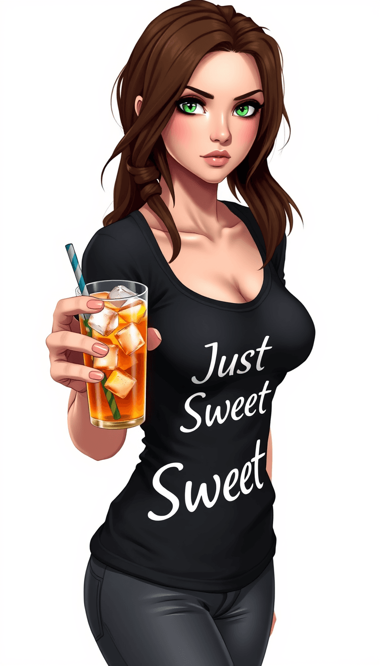 A Lara Croft like busty brunette woman, with green eyes wearing a black top. she is holding a glass of ice tea with ice cubes. The shirt have the text JustSweet.  light grey background without details.