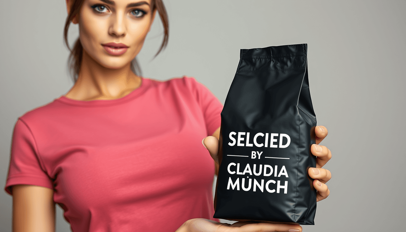 A photo realistic sexy busty sensual woman, with green eyes wearing a dark pink t-shirt with the text "SELECTED BY CLAUDIA MÜNCH" in white. she is holding out a black coffeebag size 12 cm wide and 18 cm high. No text on the bag. Light grey background without details. Sun is shining in