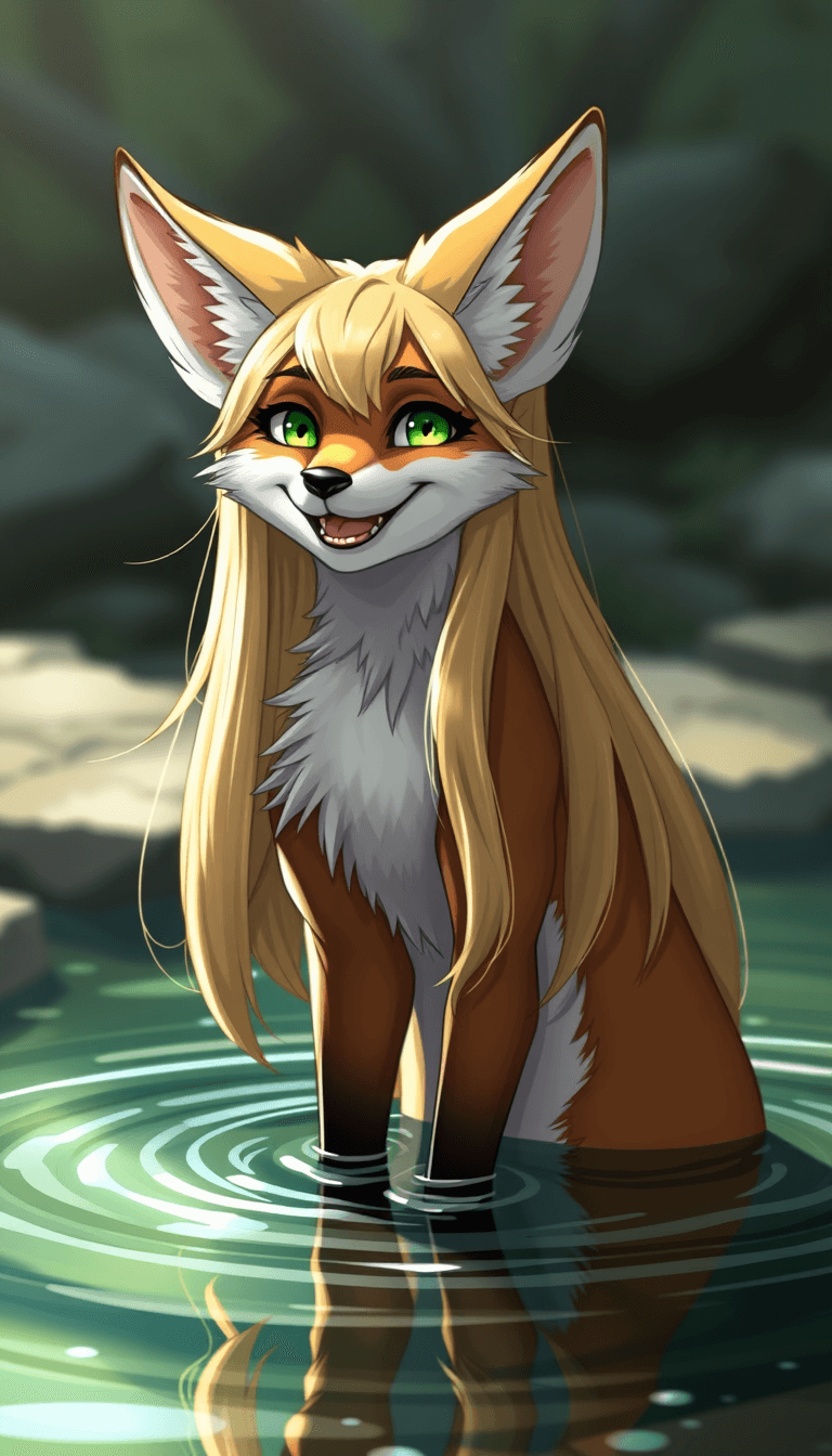 a grining anthropomorphic female fox, with green eyes, and long blond hair standing in a pool of water
