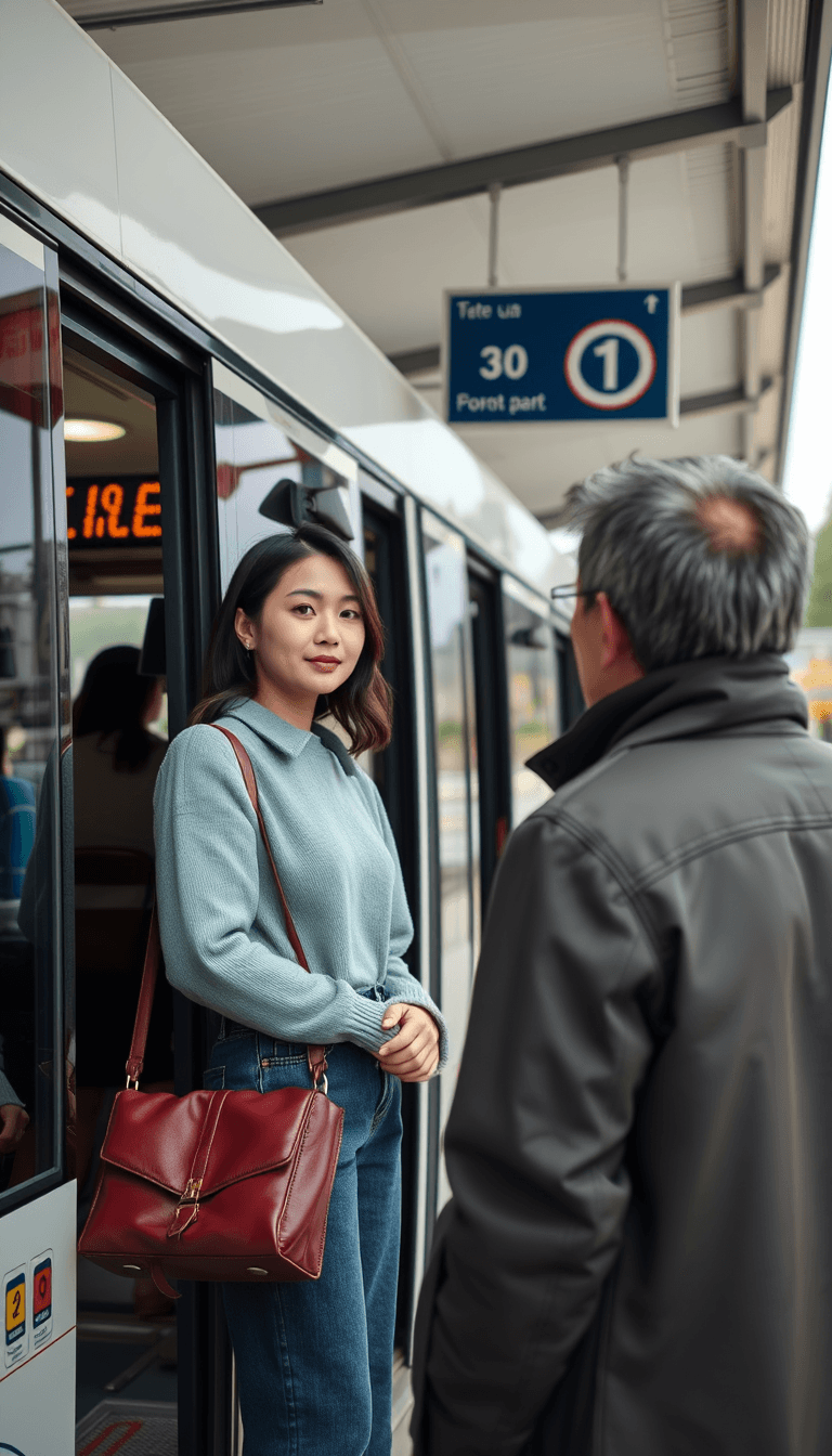 make a  realistic photo of a beautiful 30 years korean woman standing outside at the bus station and asking another korean man when drives the next bus. 