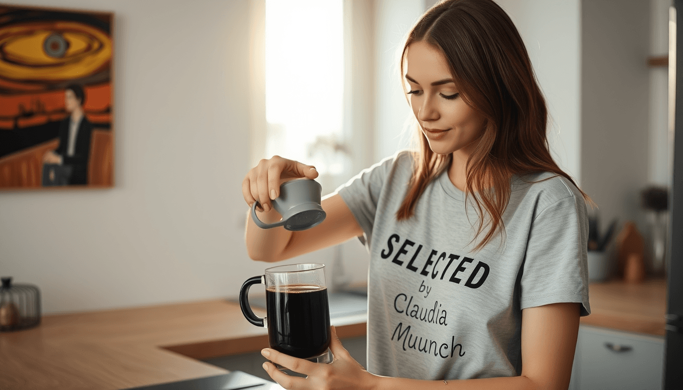 A young brunette, in a light grey t-shirt with the print "SELECTED by Claudia Münch" preparaing a black coffee in a kitchen with Edward Munch inspired art on the wall. The sun is shining in through a window.