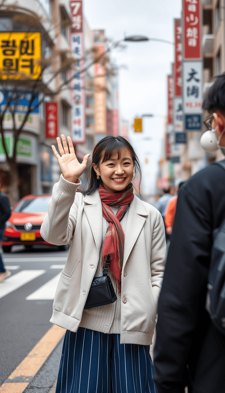 Korean woman standing on a busy street and holding her hand up to say hello to another korean person