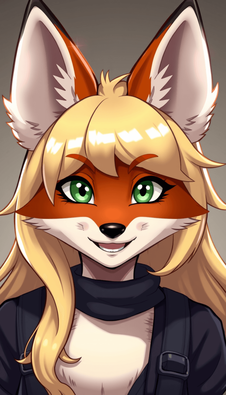 a smiling anthropomorphic female fox, with green eyes, and long blond hair