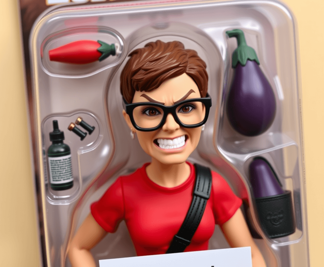 action figure toy in a plastic package, of an angry woman with very short brown hair and large reading glasses wearing a red t shirt, with a very angry smile, has accessories of a Molotov cocktail and black shoulder purse and purple eggplant, titled "angry liberal"