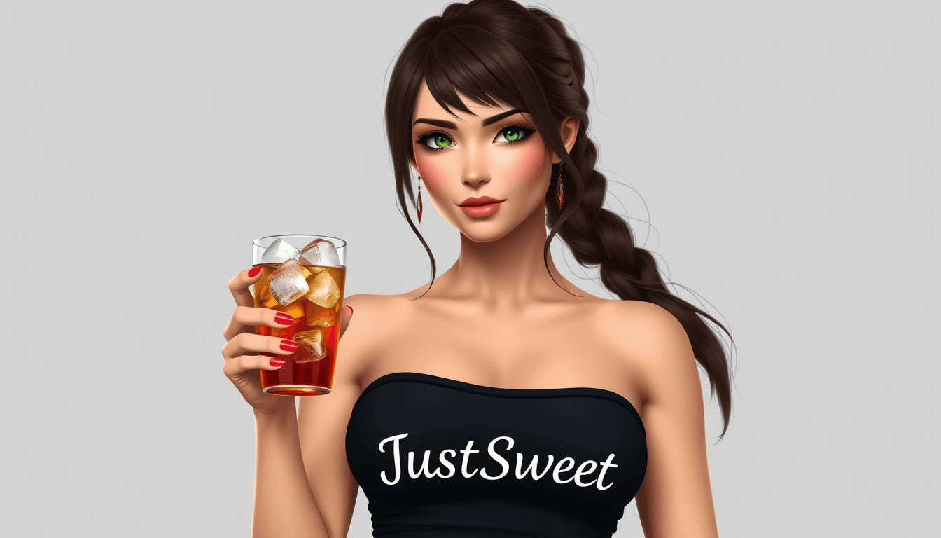 A Lara Croft like busty brunette woman, with green eyes wearing a black top with the text JustSweet. she is holding a glass of ice tea with ice cubes. The shirt have the text JustSweet.  light grey background without details.