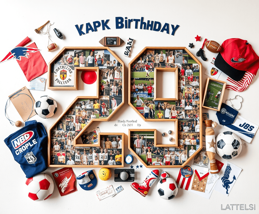 design the number "29" as a birthday collage surrounded by football/soccer memorabilia from man uth
