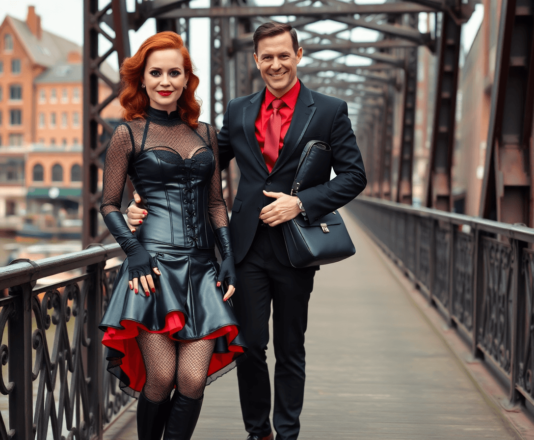 A stylish daytime photo of a couple on a historic iron bridge in the Speicherstadt district of Hamburg. The woman (around 40 years old, red wavy hair, heavy makeup with smokey eyes and red lipstick) wears a black latex top with mesh elements and puffed sleeves, a black latex corset with front closure and traditional lacing in the back, a black shiny flared latex skirt with a red petticoat underneath, fine black fishnet stockings, 12 cm black shiny ankle-high block-heeled boots, a black collar with a ring, long elbow-length black latex gloves without fingers showing red painted nails, and a large black faux leather shoulder bag. The man (around 50 years old, fit build, clean-shaven, short dark hair) wears a black suit with a red tie and shirt coordinated to match the woman’s outfit. He stands next to her on her right, his arm around her waist. Both are fully visible head to toe, looking at the camera with a natural smile. Background: scenic historic Speicherstadt architecture in daylight.