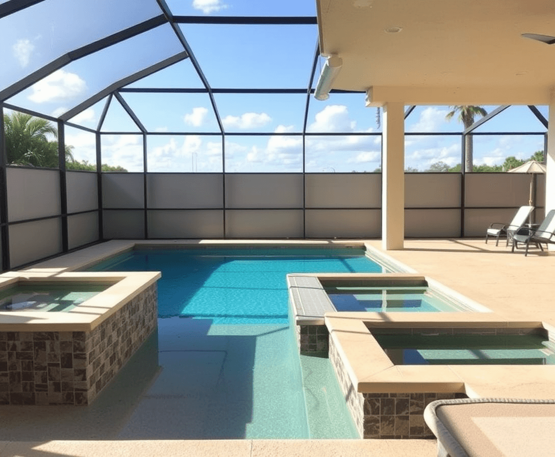 A rectangular swimming pool in a lanai with a tanning platform and a rectangular spa on the back side. Overall measurements are 36 feet by 16 feet 